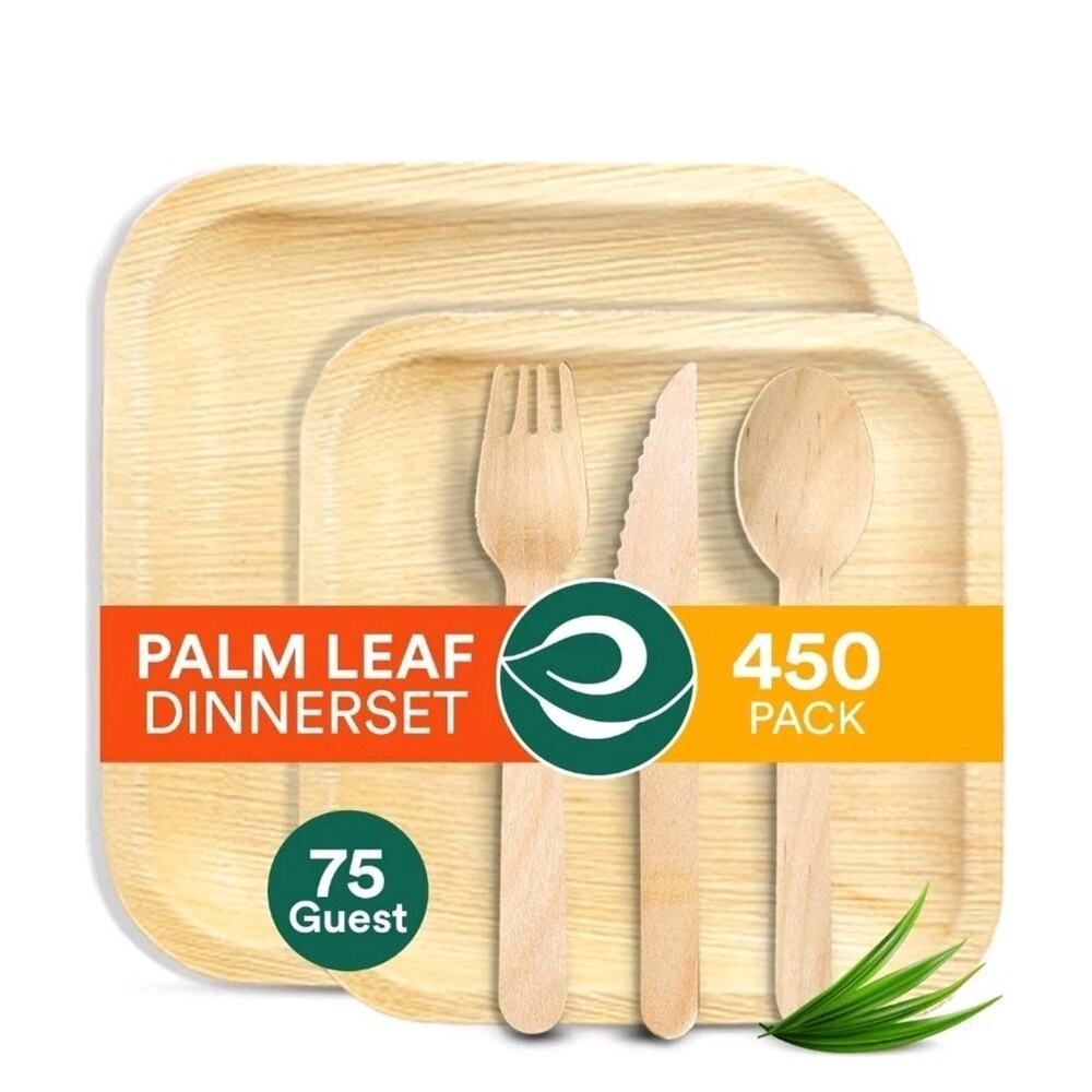 ECO SOUL 100% Compostable Palm Leaf Dinnerware Set For 75 Guests [10", 6" Square